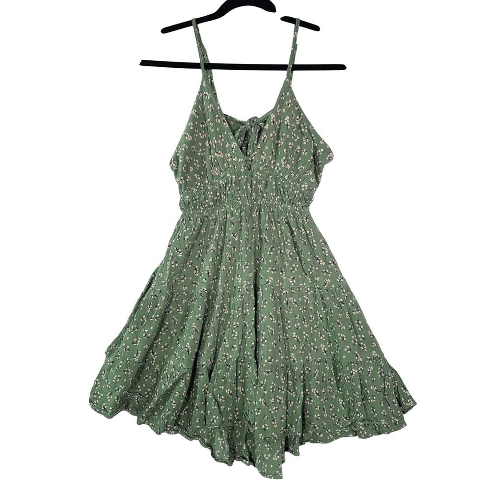 Angie Womens Sage Green Floral Smocked Tiered Romper Dress Back Coquette Size L